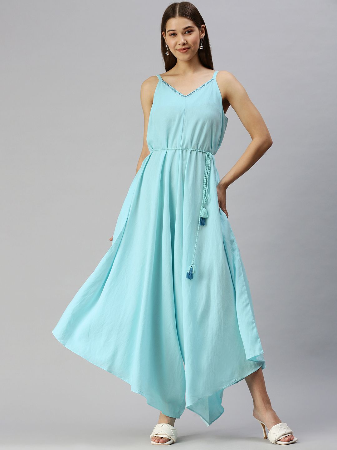 Global Desi Powder Blue Solid Sleeveless Casual Basic Jumpsuit