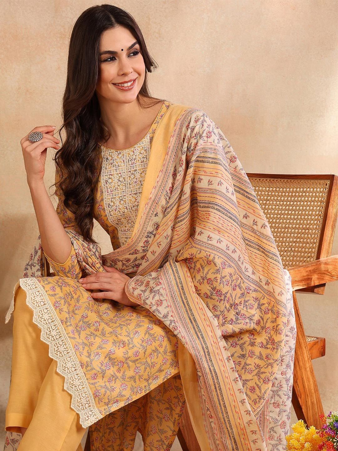 KALINI Floral Printed Regular Thread Work Straight Kurta with Trousers & Dupatta