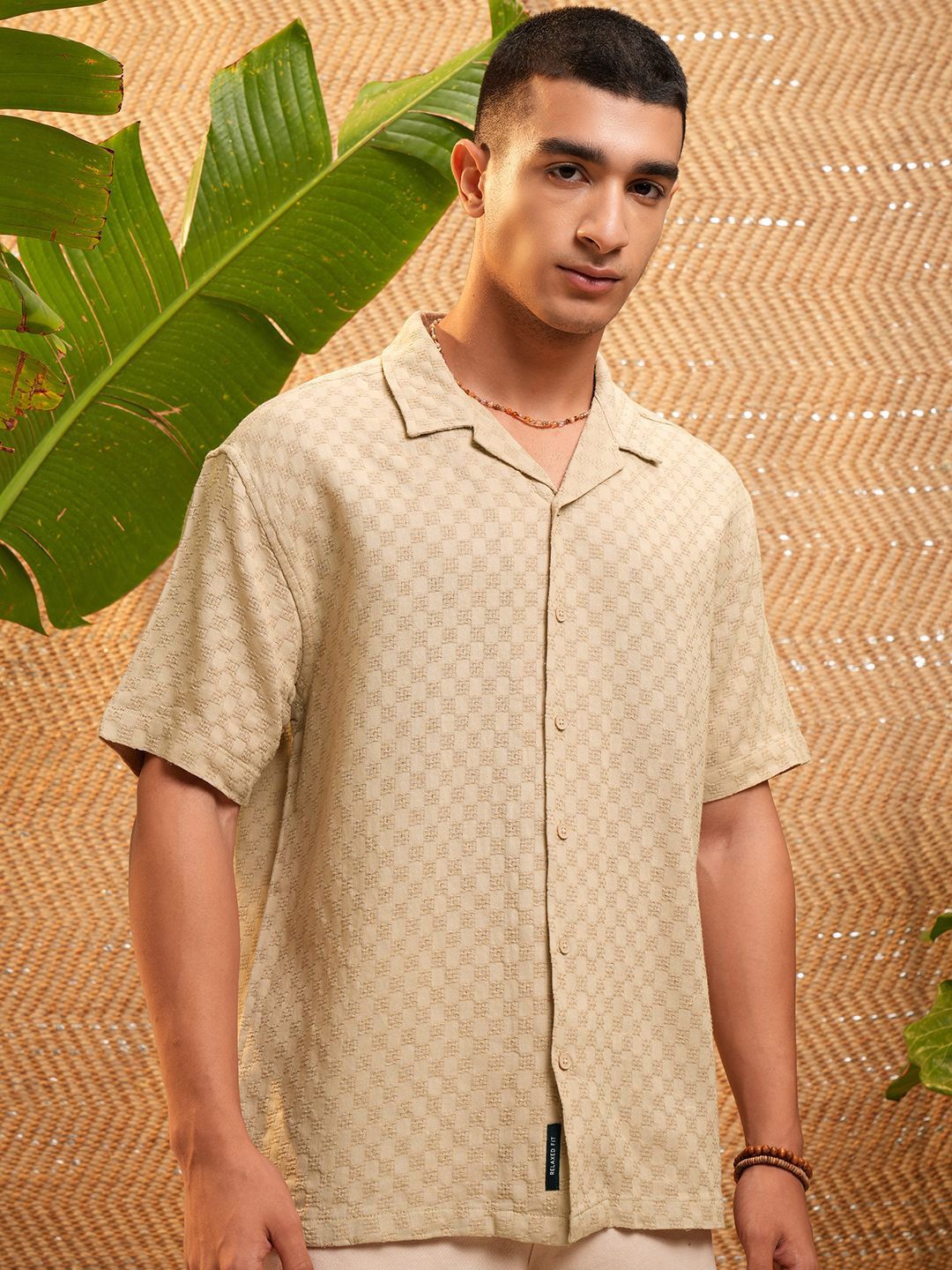 HIGHLANDER Men Dobby Textured Solid Cuban Collar Relaxed Shirt