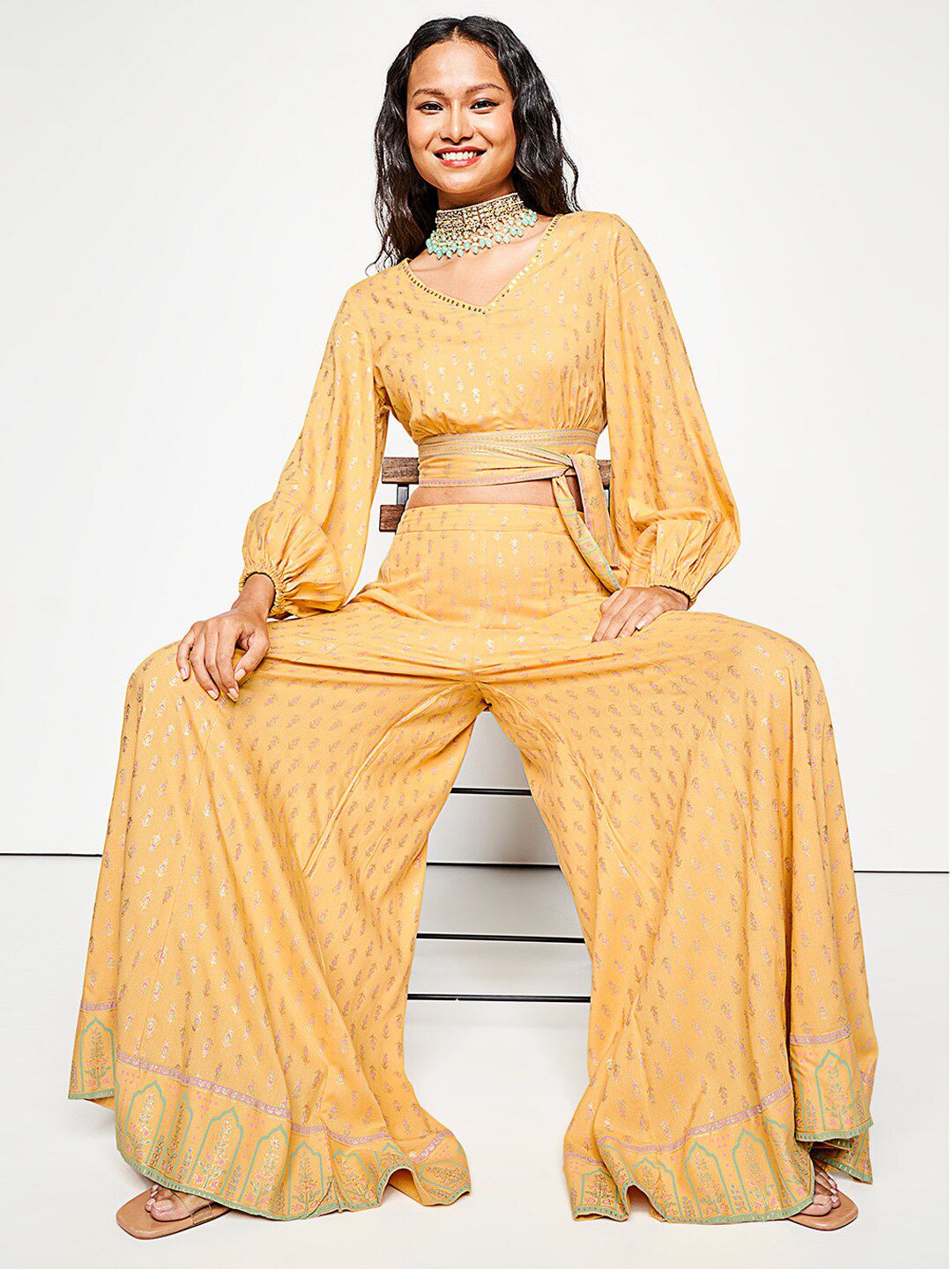 Global Desi V-Neck Top & Mid -Rise Palazzo Co-Ords