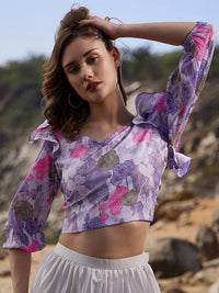Athena Floral Printed Puff Sleeves Ruffles Detail Crop Top