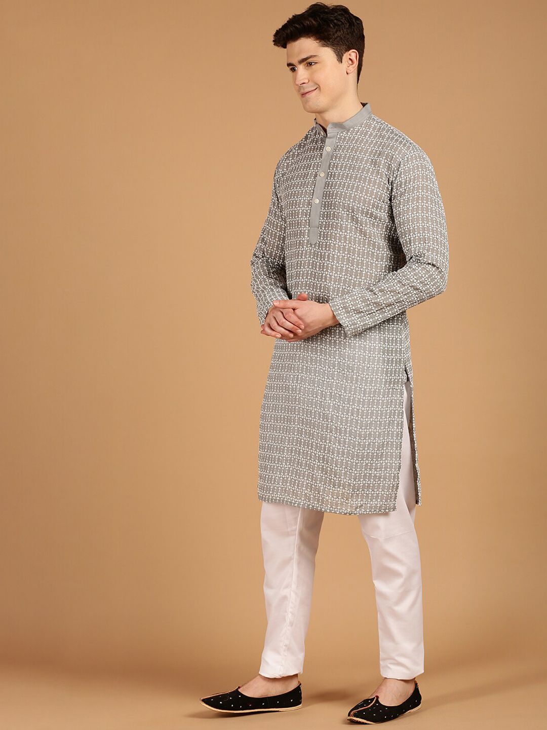 SOJANYA Ethnic Motifs Embroidered Band Collar Pure Cotton Kurta
