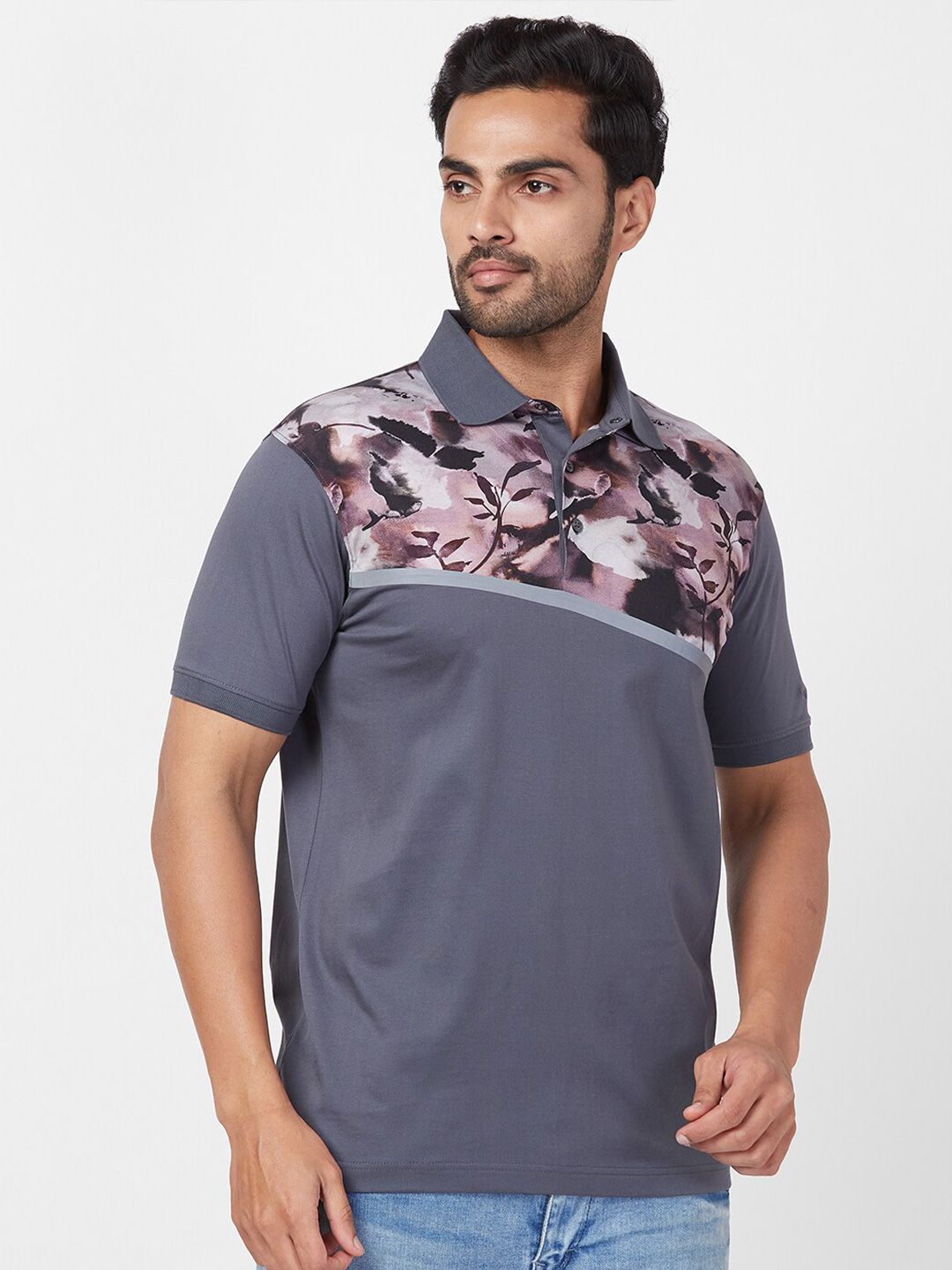 Park Avenue Floral Printed Polo Collar Pure Cotton Slim Fit T-shirt