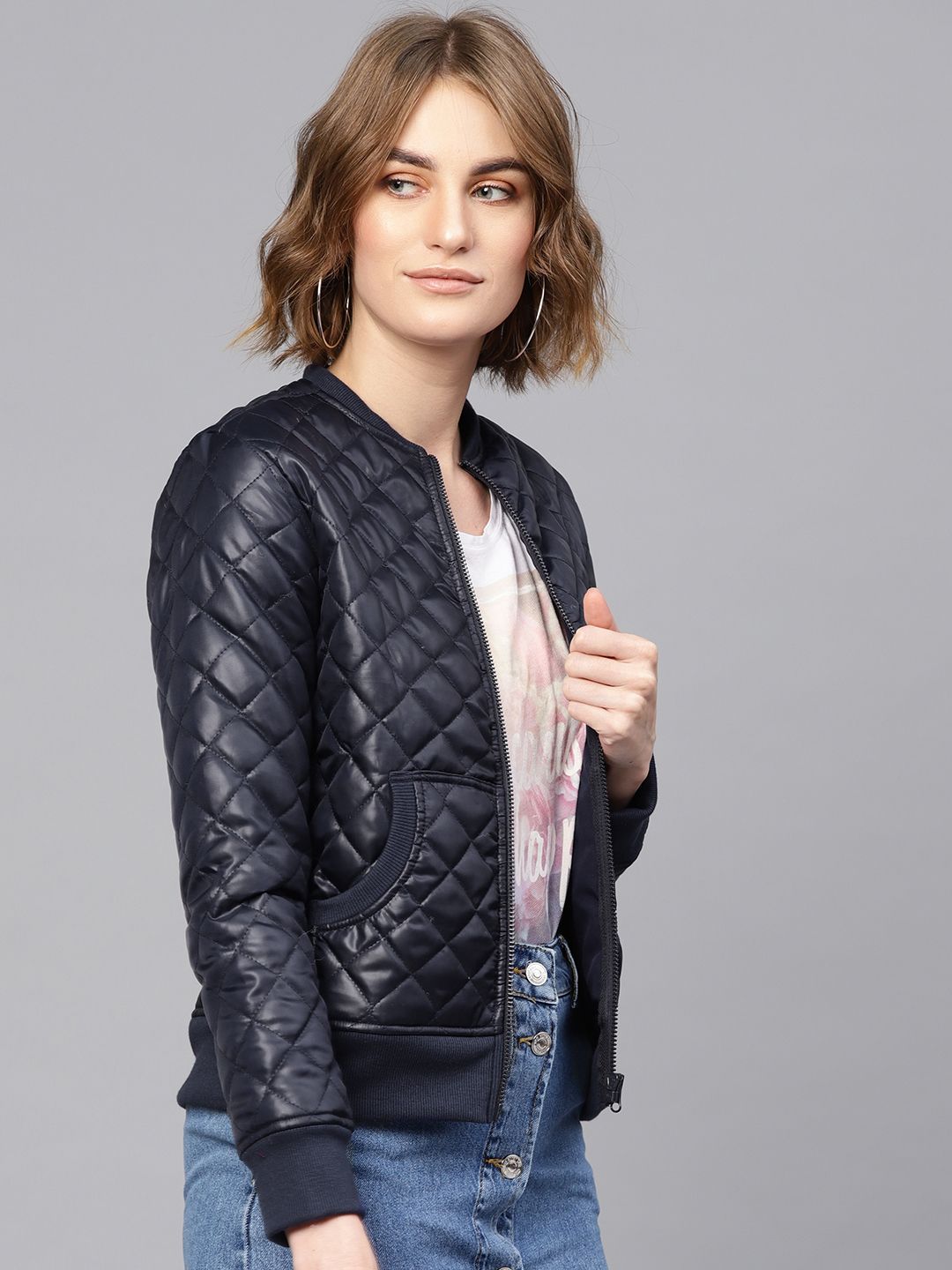 SASSAFRAS Women Navy Blue Solid Quilted Jacket