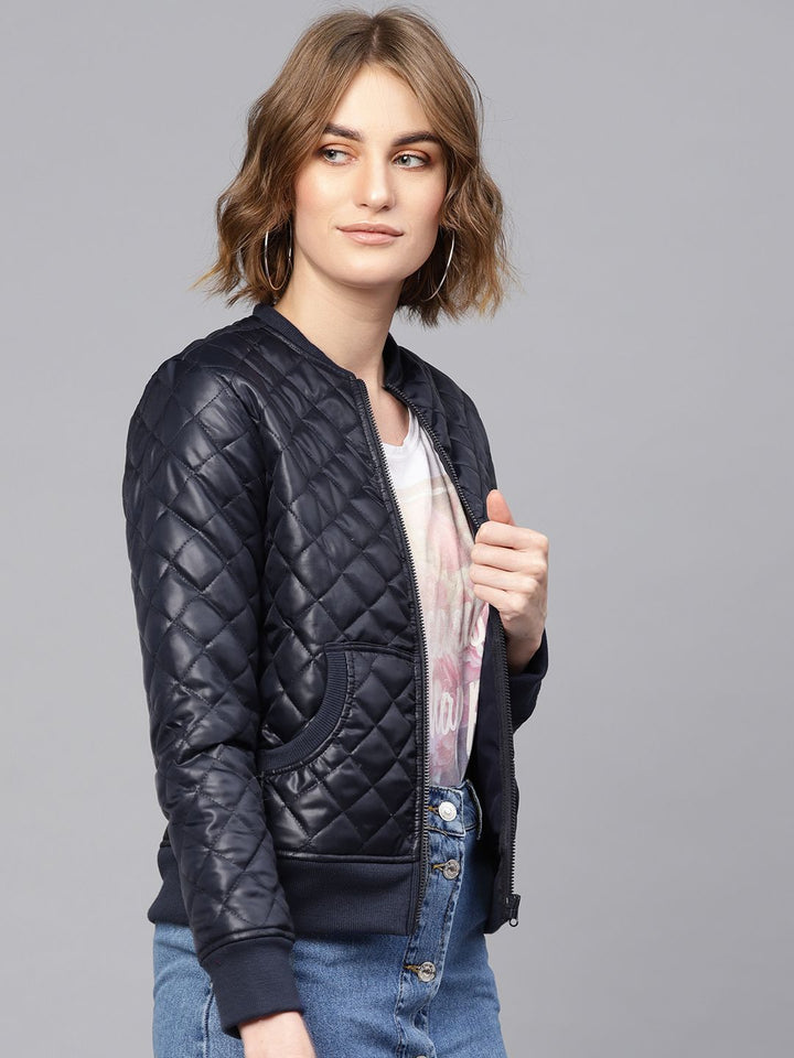 SASSAFRAS Women Navy Blue Solid Quilted Jacket