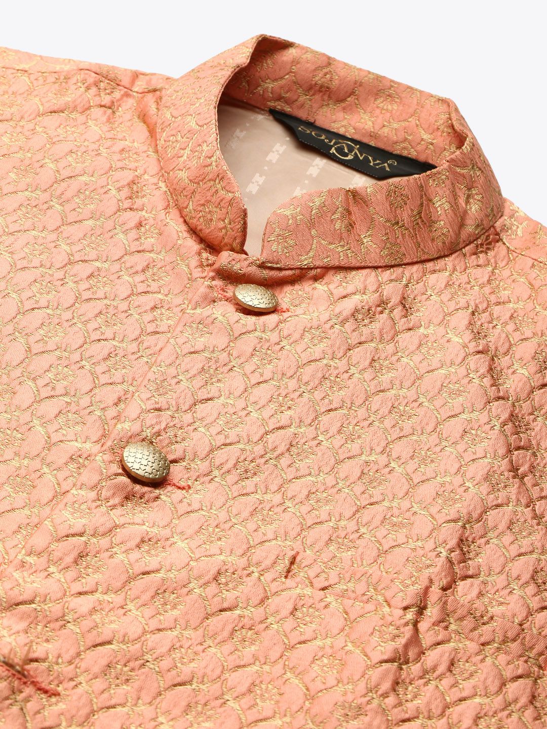 SOJANYA Men Golden & Peach-Coloured Kurta with Churidar & Nehru Jacket