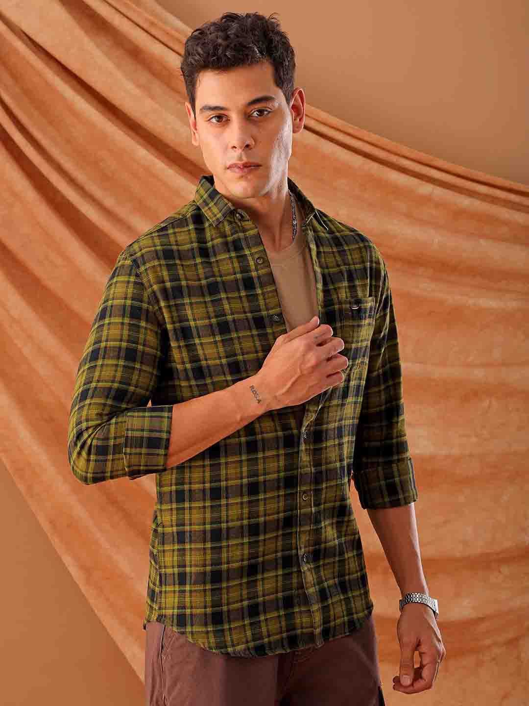 The Indian Garage Co. Spread Collar Slim Fit Tartan Checks Cotton Casual Shirt