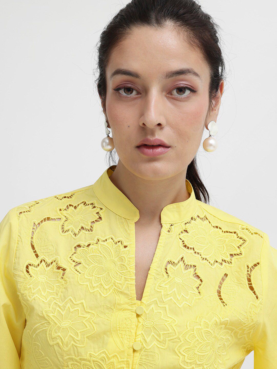 RAREISM Self Design Mandarin Collar Flared Sleeve Cotton Top
