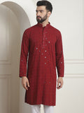 SOJANYA Geometric Mandarin Collar Long Sleeves Thread Work Cotton Kurta