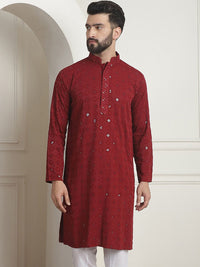 SOJANYA Geometric Mandarin Collar Long Sleeves Thread Work Cotton Kurta