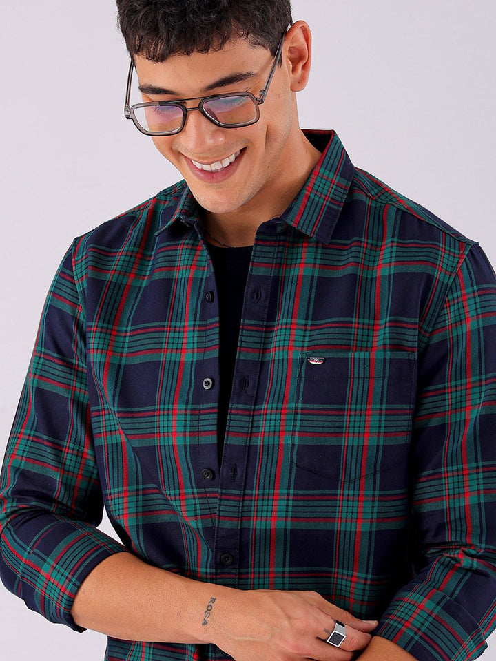 The Indian Garage Co Men Spread Collar Tartan Checked Cotton Slim Fit Casual Shirt