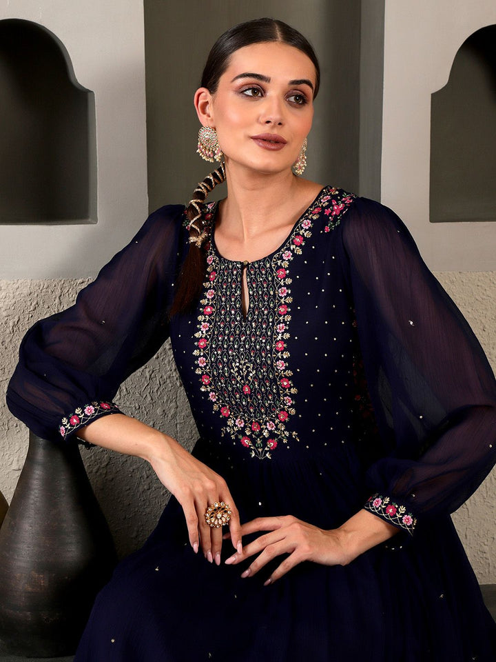 W Floral Embroidered Puff Sleeves Maxi Dress