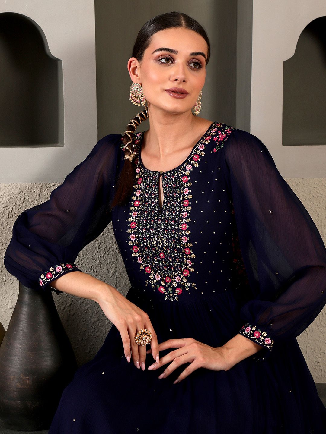 W Floral Embroidered Puff Sleeves Maxi Dress