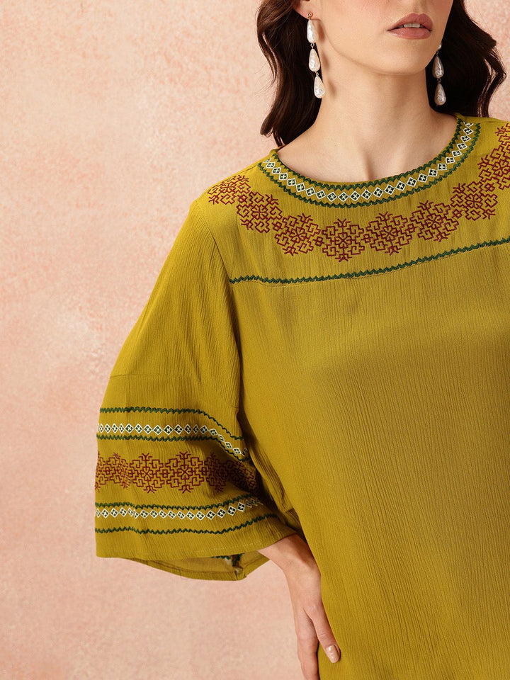 all about you Embroidered Flared Sleeve Crinkle Top