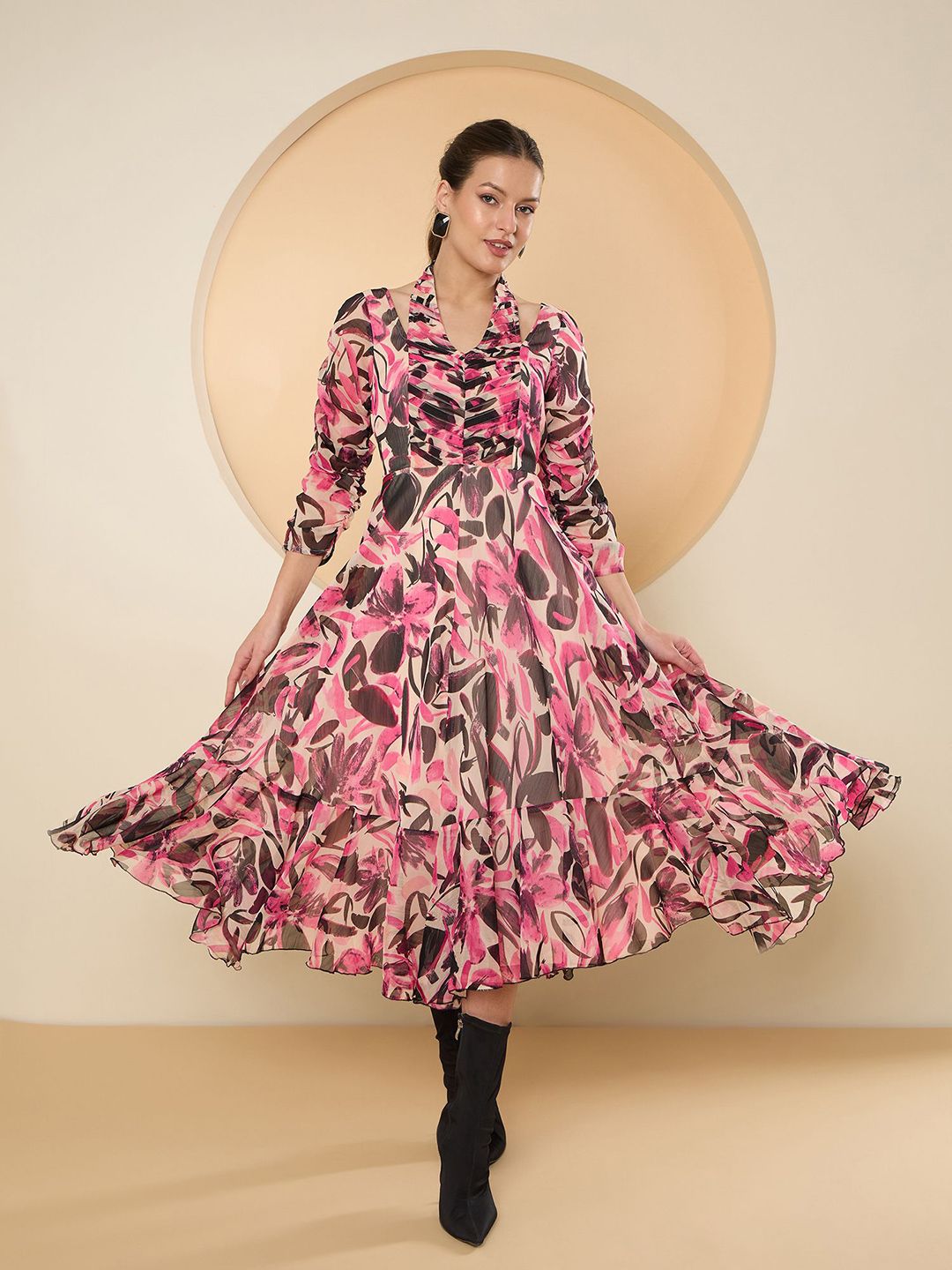 Antheaa Floral Print Halter Neck Chiffon Fit & Flare Midi Dress