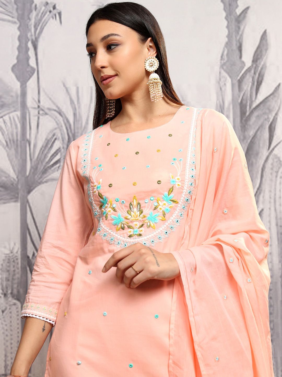 Vishudh Women Embroidered Thread Work Pure Cotton Kurta with Trousers & With Dupatta