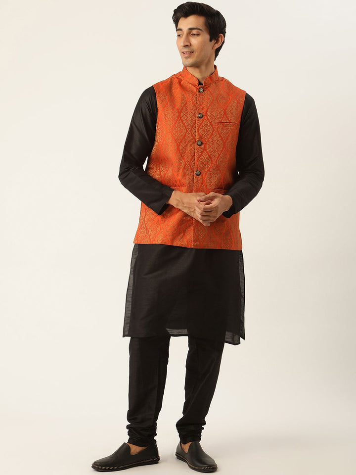 SOJANYA Men Black Solid Kurta with Churidar & Nehru Jacket