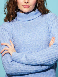 STREET 9 Blue Cable Knit Turtle Neck Long Sleeves Acrylic Pullover Sweater