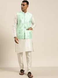 SOJANYA Off White & Sea Green Silk Blend Kurta dengan Churidar