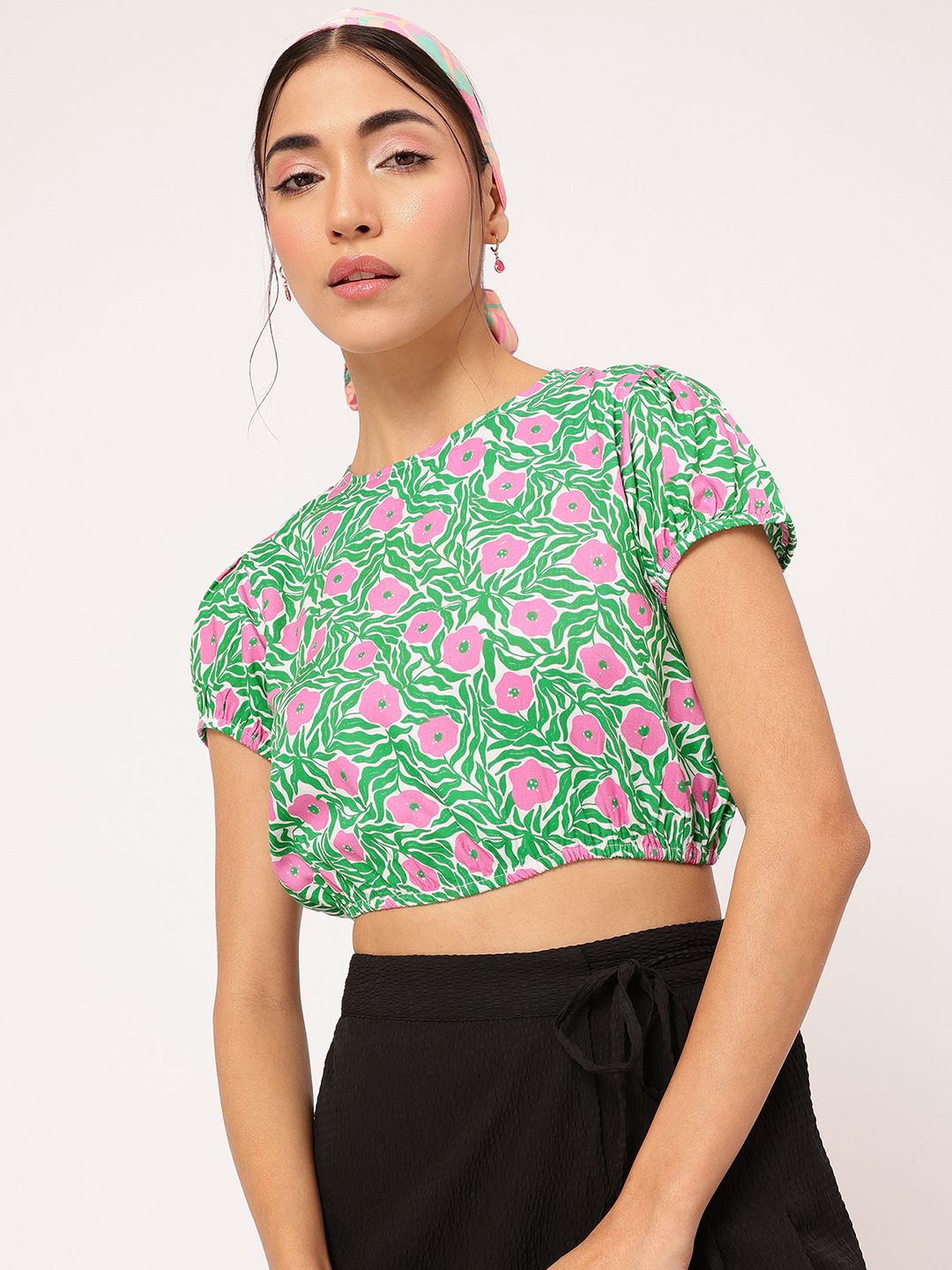 DressBerry Garden Galore Printed Blouson Crop Top