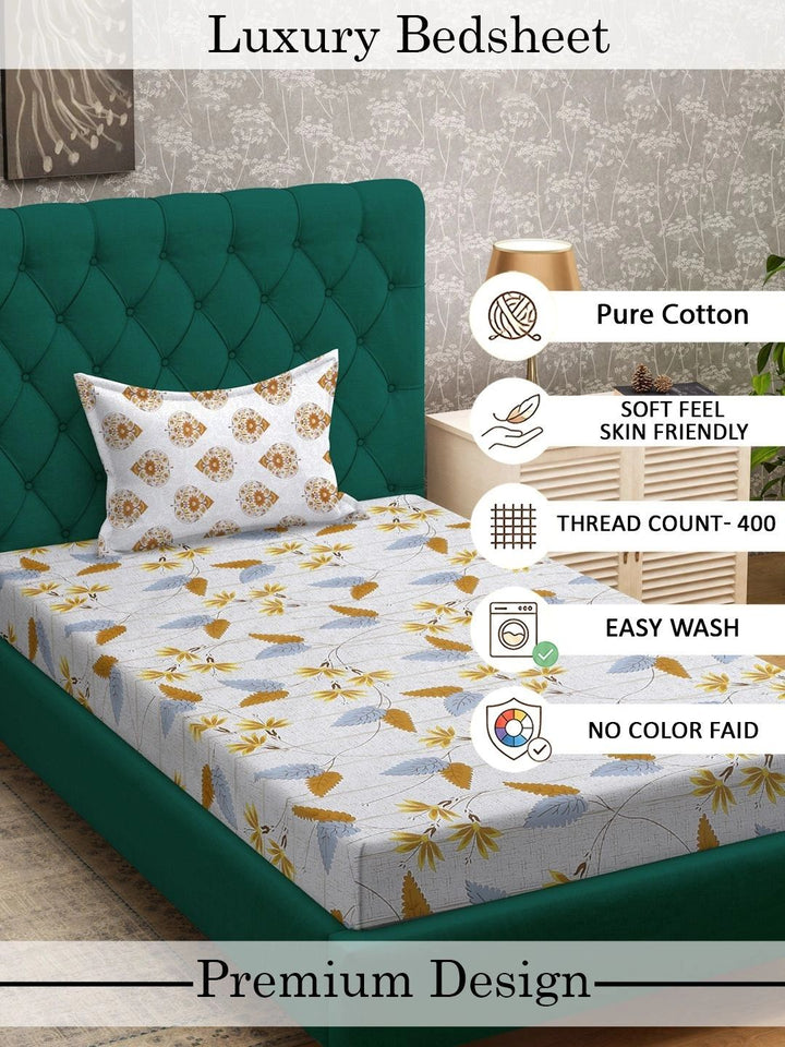 Myntra Elegant Homes Beige Floral 400 TC Single Bedsheet with 1 Pillow Covers