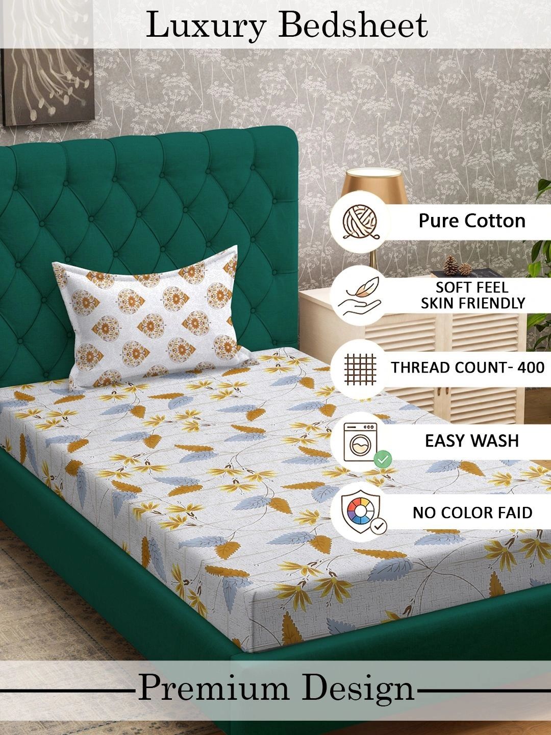 Myntra Elegant Homes Beige Floral 400 TC Single Bedsheet with 1 Pillow Covers