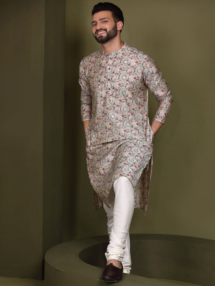 KISAH Mandarin Collar Ethnic Motifs Printed Straight Kurta with Churidar