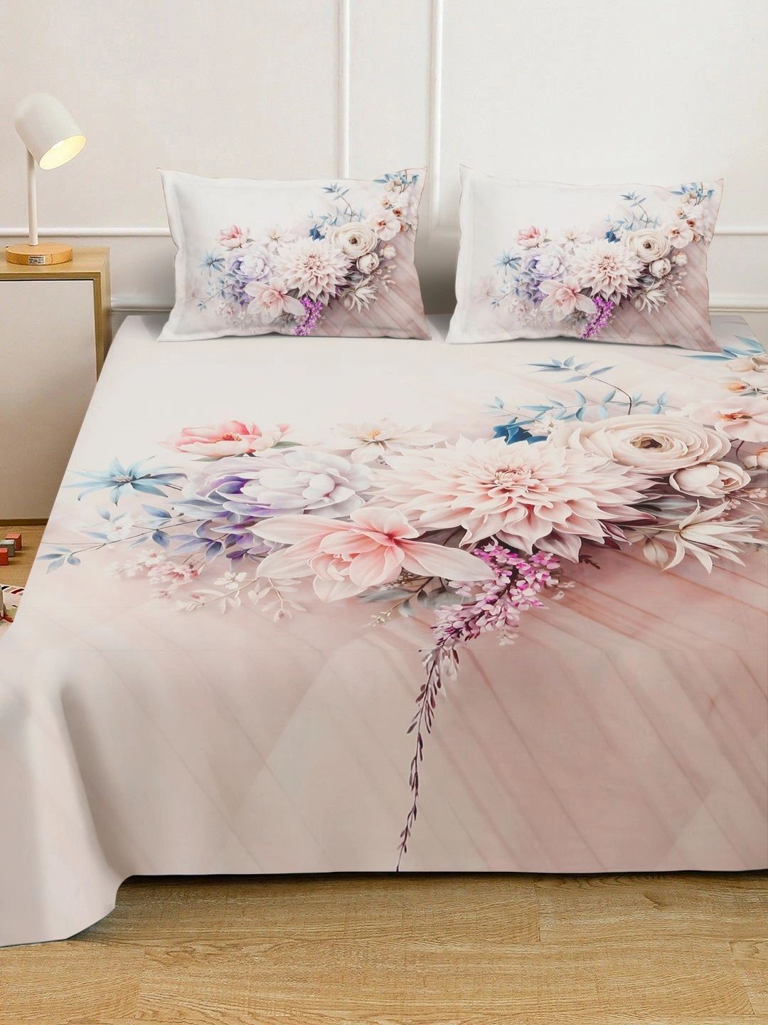 Moda Rapido X KLOTTHE Cream-Coloured & Pink Floral 400 TC King Bedsheet with 2 Pillow Covers