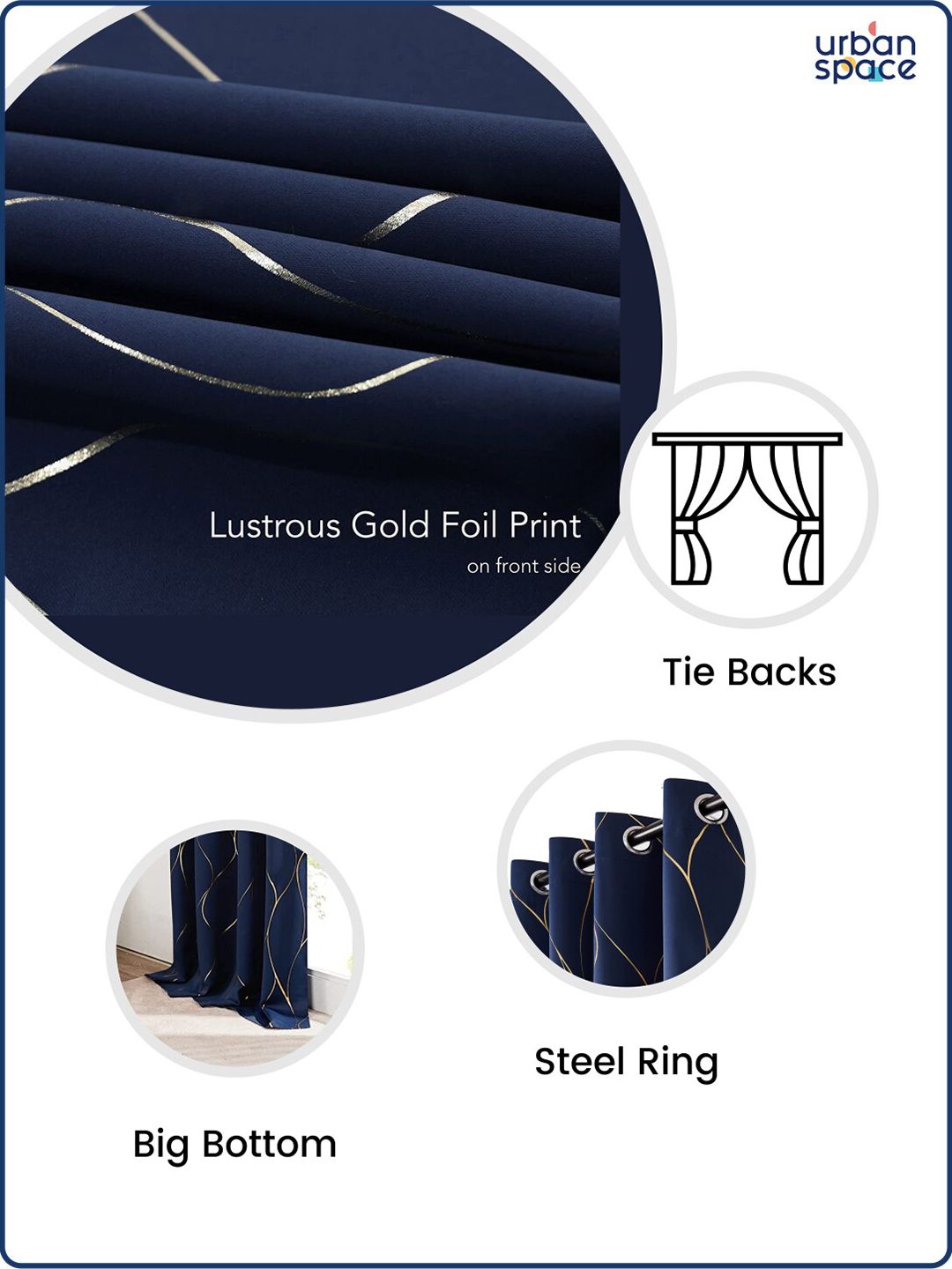 URBAN SPACE Navy Blue & Gold-Toned Black Out Door Curtain