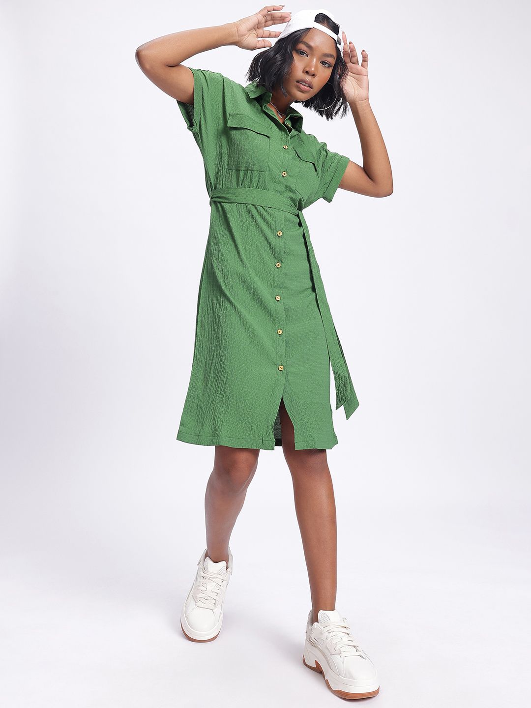 DressBerry Pastel Dreams Textured Belted Shirt Style Dress
