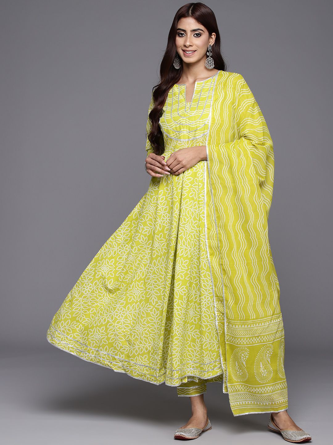 Libas Women Bandhani Yoke Design Empire Gotta Patti Cotton Kurta with Trousers & Dupatta