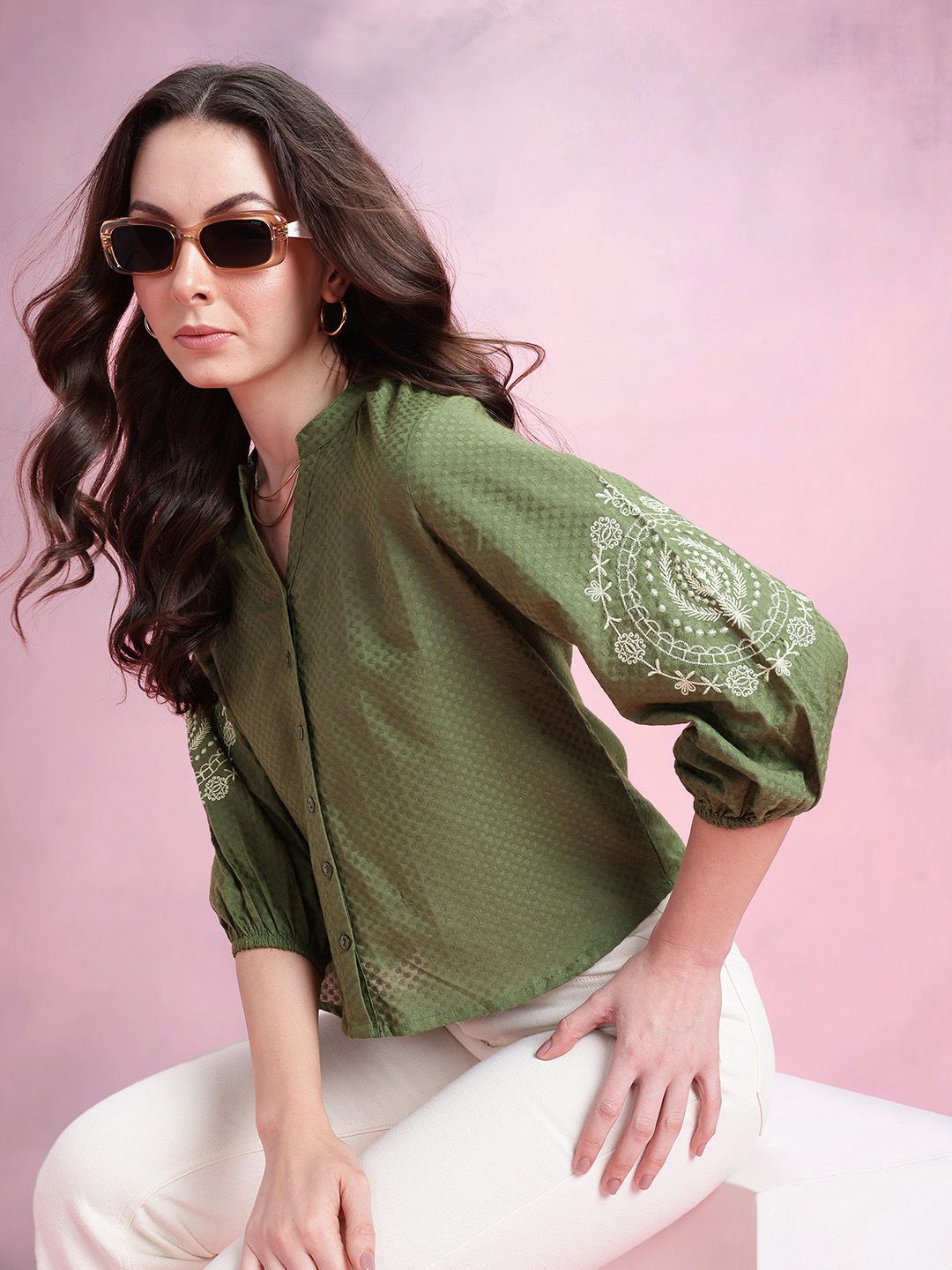 DressBerry Mandarin Collar Puff Sleeve Embroidered Cotton Top