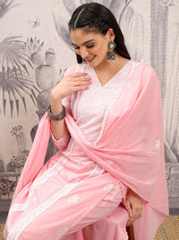 Vishudh Ethnic Motifs Embroidered Thread Work Pure Cotton Kurta with Trousers & Dupatta