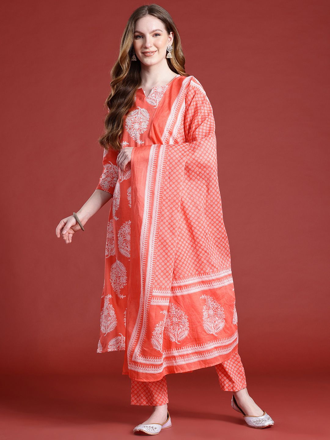 Anouk Ethnic Motifs Printed Pure Cotton Kurta with Trousers & With Dupatta