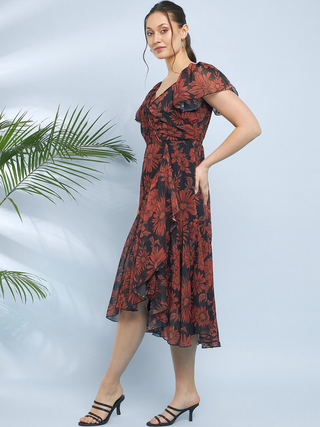 Antheaa Floral Printed Chiffon Fit & Flare Midi Dress