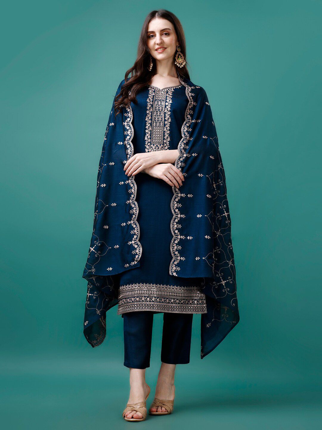 KALINI Ethnic Motifs Sequinned Embroidered V-Neck kurta With Pant & Dupatta