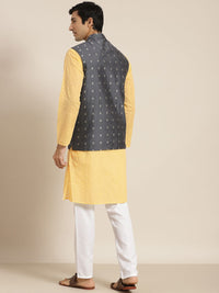 SOJANYA Men Yellow Chikankari Pure Cotton Kurta with Churidar & Nehru Jacket