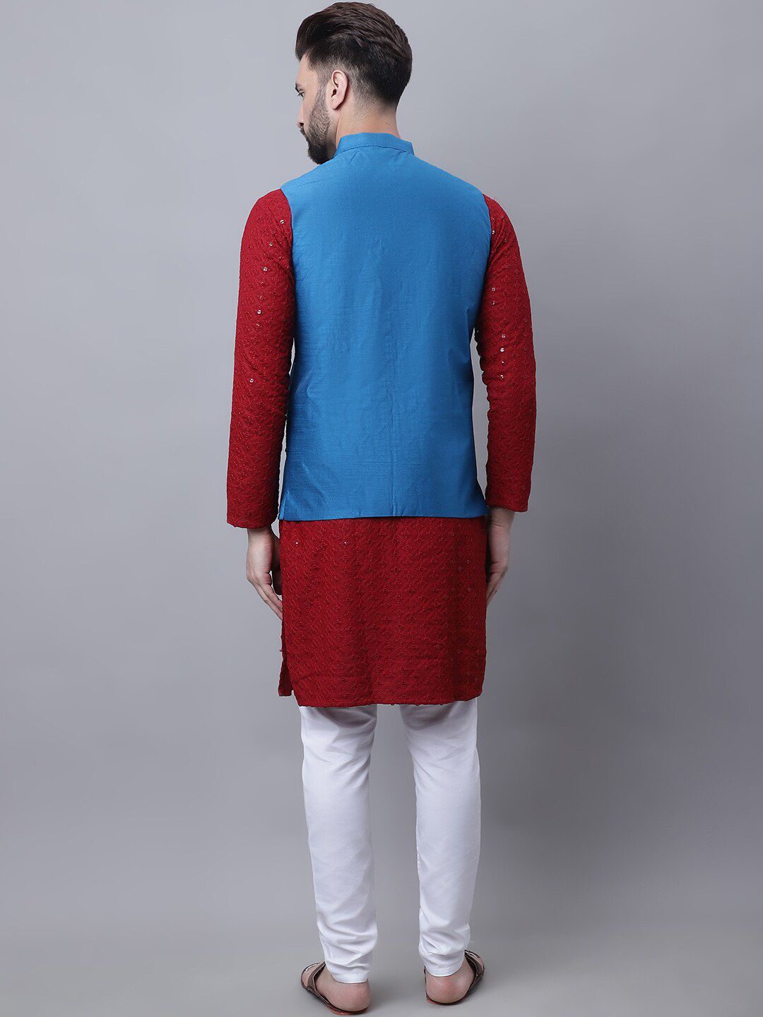 SOJANYA Ethnic Motifs Embroidered Regular Pure Cotton Kurta with Churidar & Nehru Jacket
