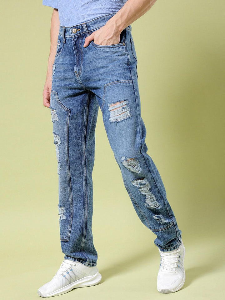The Indian Garage Co Men Straight Fit Highly Distressed Mid Rise Heavy Fade Cotton Jeans