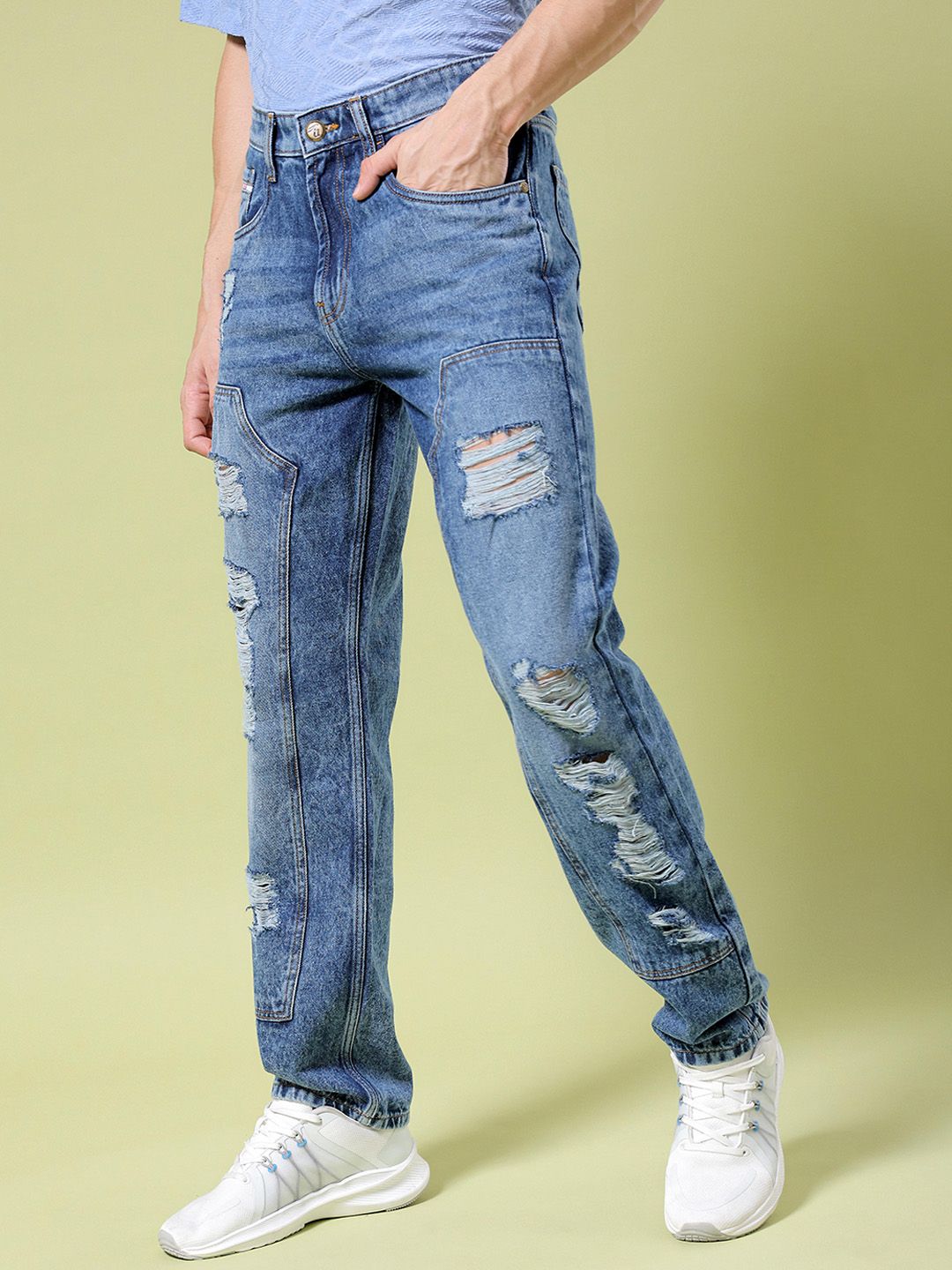 The Indian Garage Co Men Straight Fit Highly Distressed Mid Rise Heavy Fade Cotton Jeans