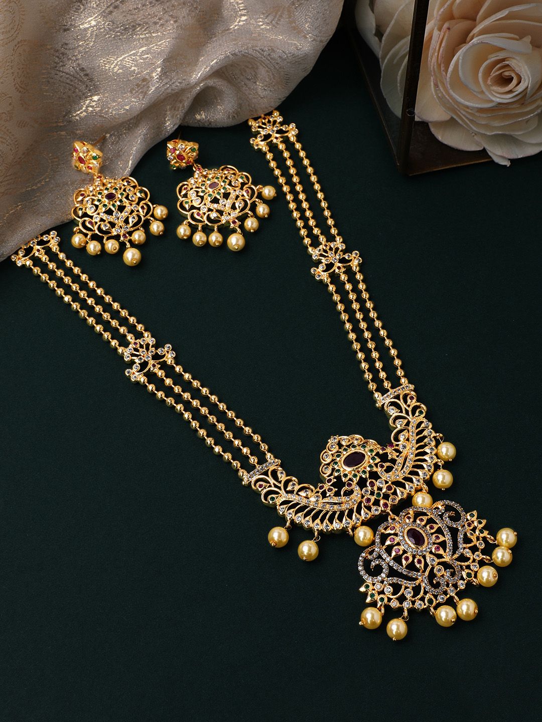 Rubans 22K Gold-Plated Ruby & CZ Studded Multistand Jewellery Set with Pearl Accents