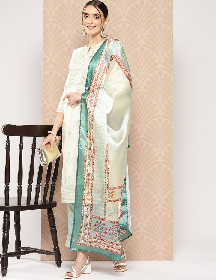 Libas Women Cream-Coloured Floral Printed Chanderi Silk Kurta with Trousers & With Dupatta