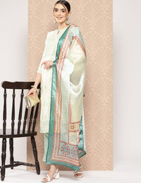 Libas Women Cream-Coloured Floral Printed Chanderi Silk Kurta with Trousers & With Dupatta