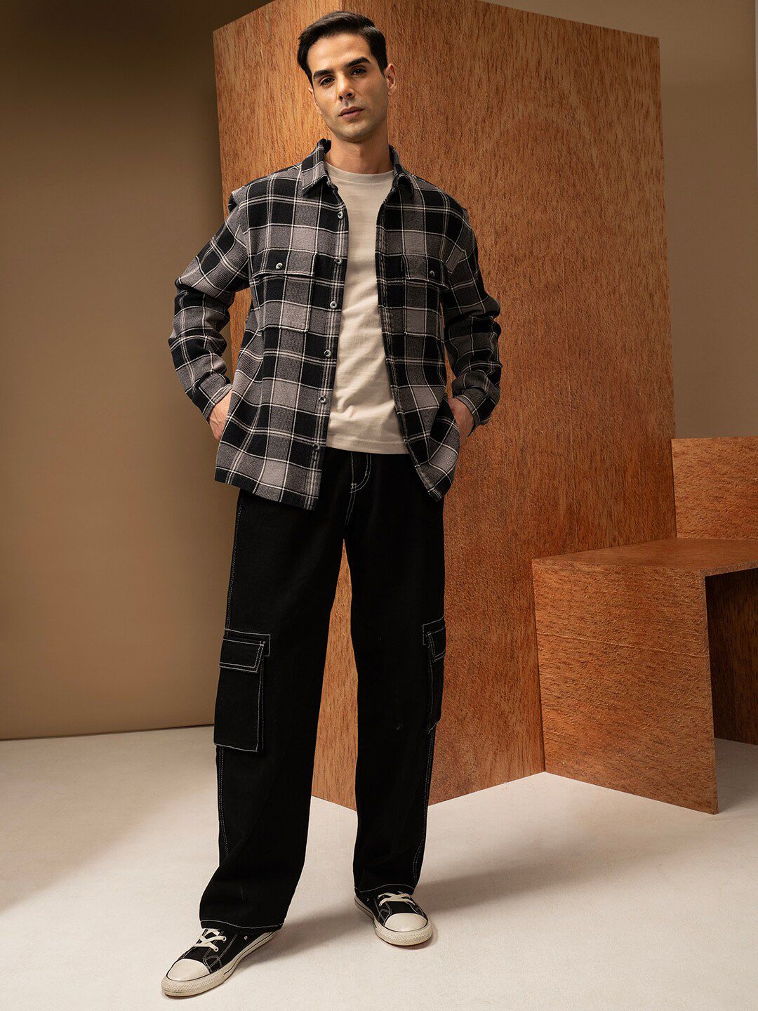 LOCOMOTIVE Premium Oversized Waffle Dobby Textured Checked Utility Pocket Overshirt