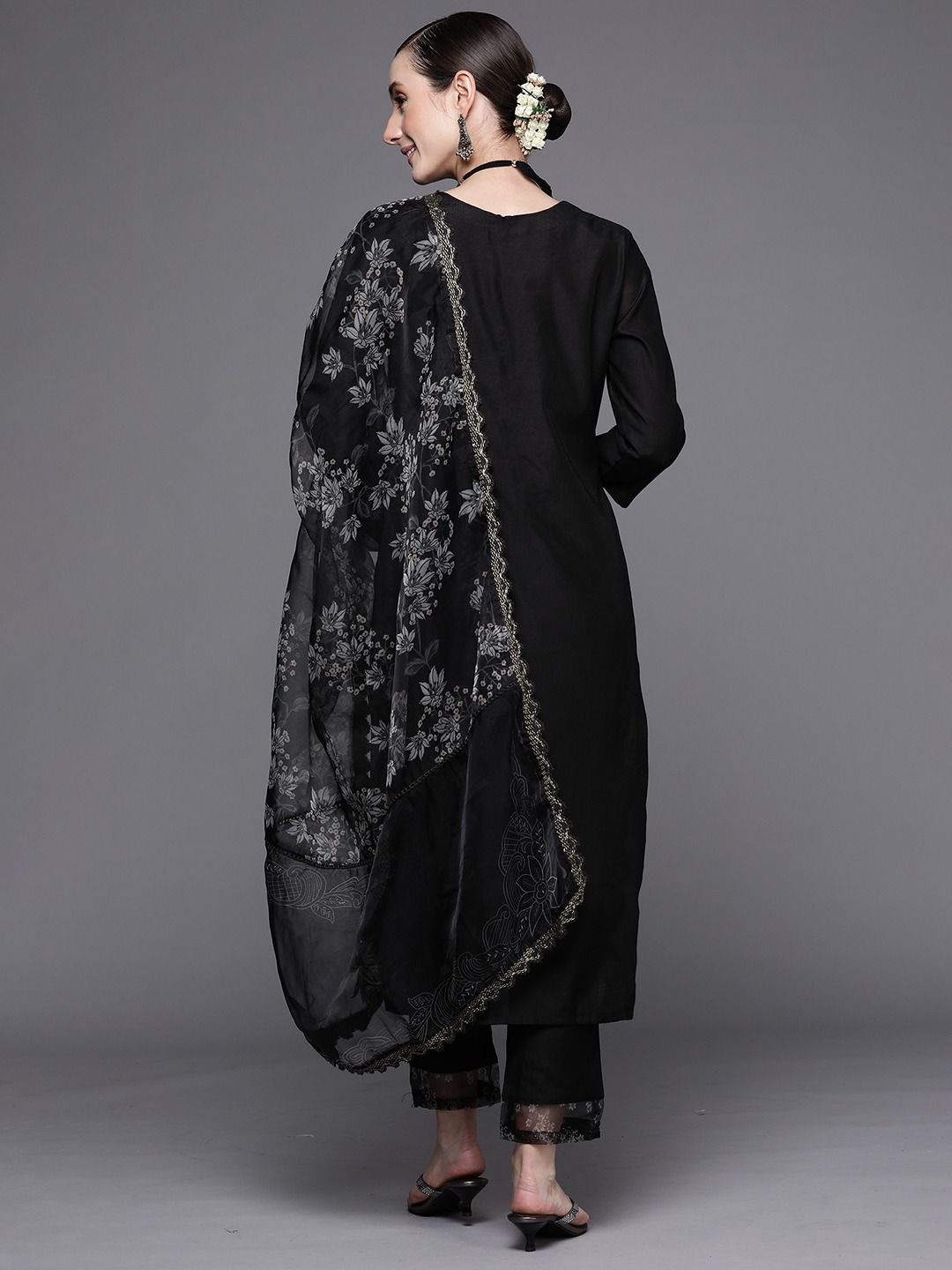Indo Era Women Black Floral Embroidered Beads Kurta with Trousers & Dupatta