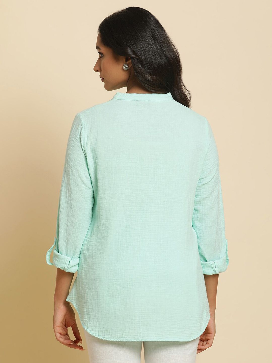 W Mandarin Collar Roll Up Sleeves Cotton Shirt Style Top