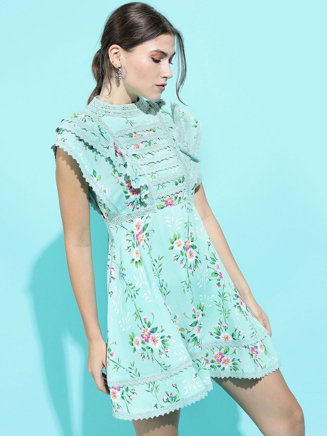 Tokyo Talkies Women Alluring Turquoise Blue Floral Dress