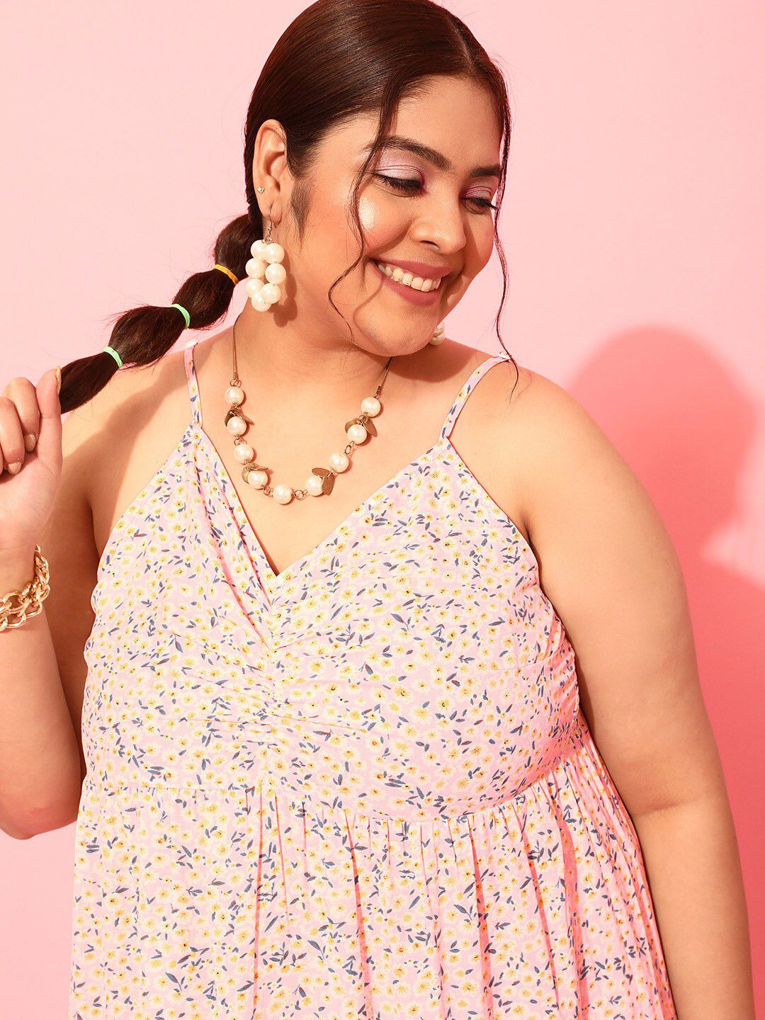 CURVY STREET Plus Size Peach-Coloured & White Floral Printed Shoulder Straps A-Line Dress