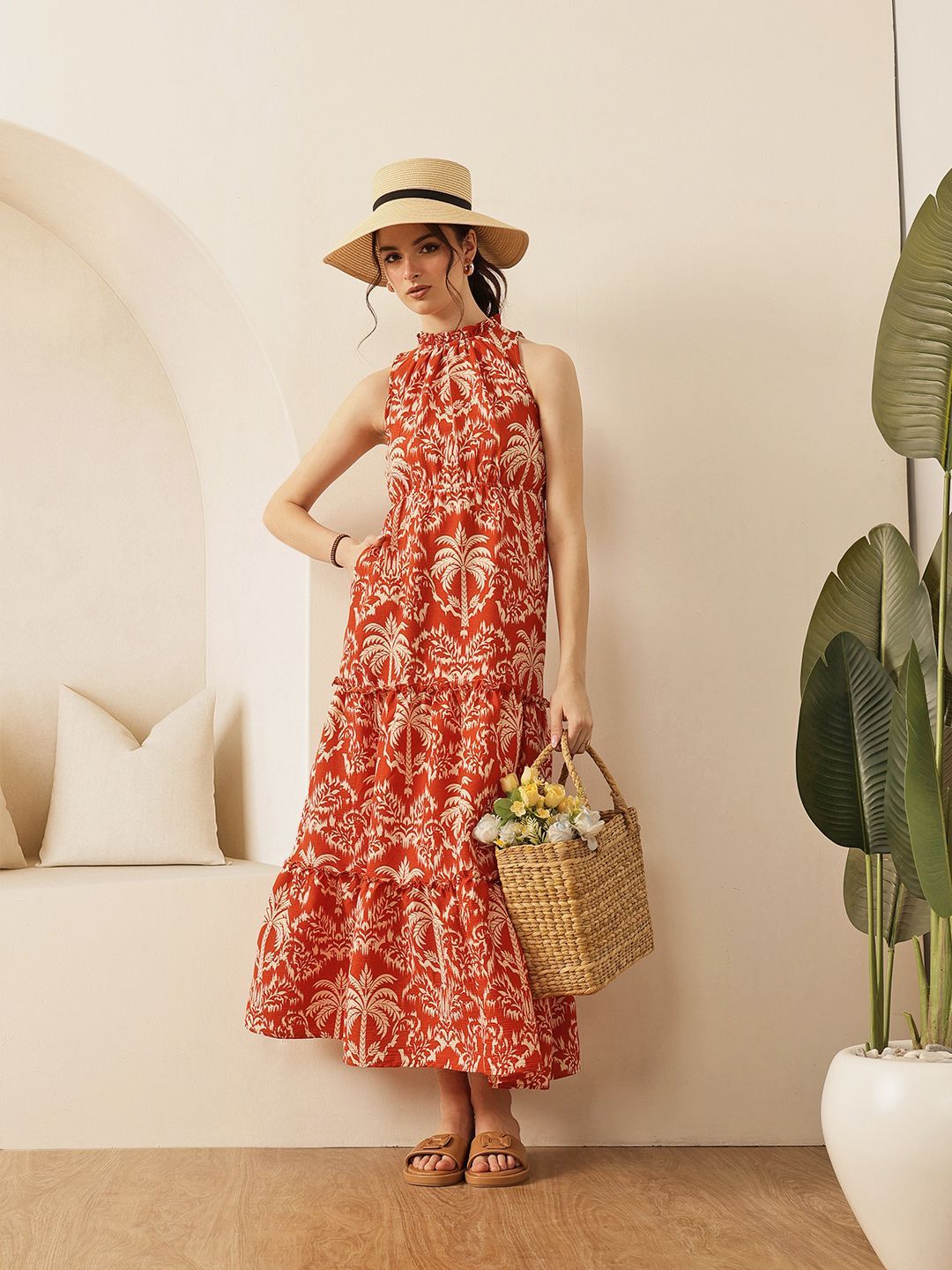STREET 9 Women Tropical Print Halter Neck Tiered Cotton Fit & Flare Maxi Dress