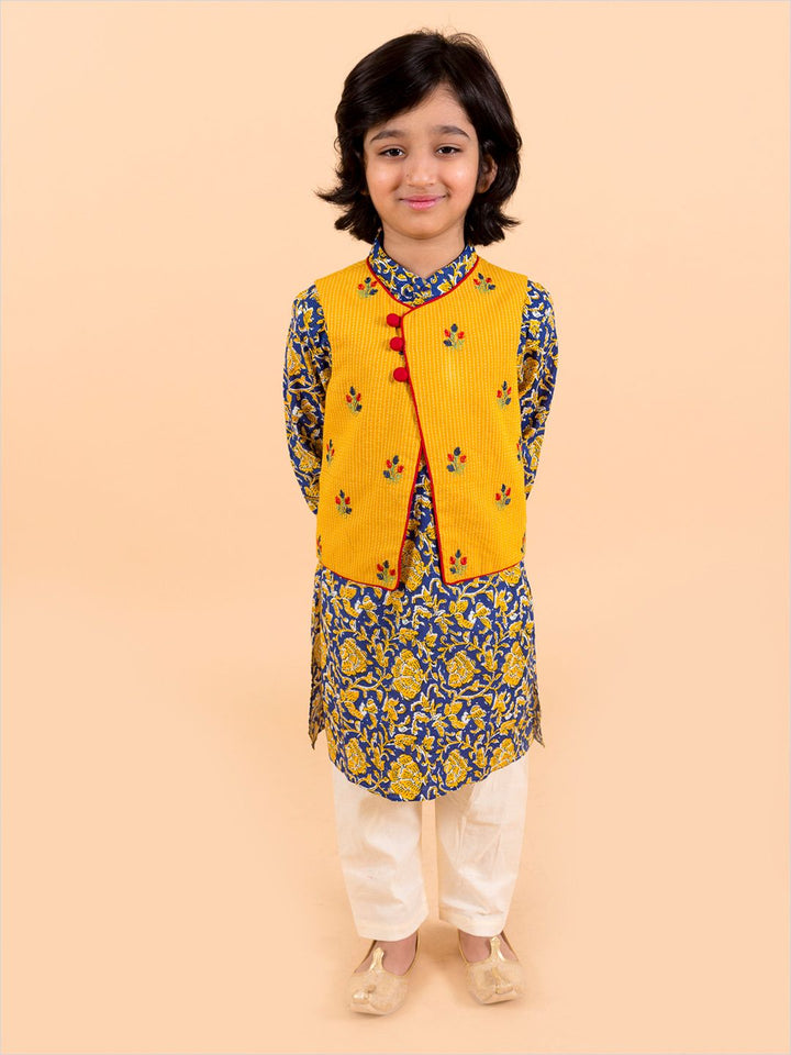 pspeaches Boys Navy Blue Floral Printed Pure Cotton Kurta with Trousers & With Dupatta